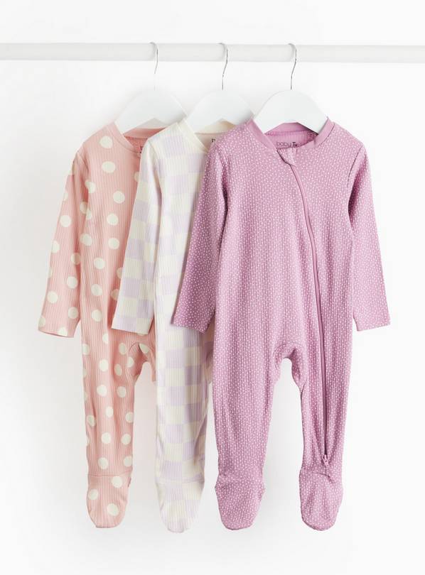 Pink Spot Print & Chequered Sleepsuit 3 Pack Tiny Baby